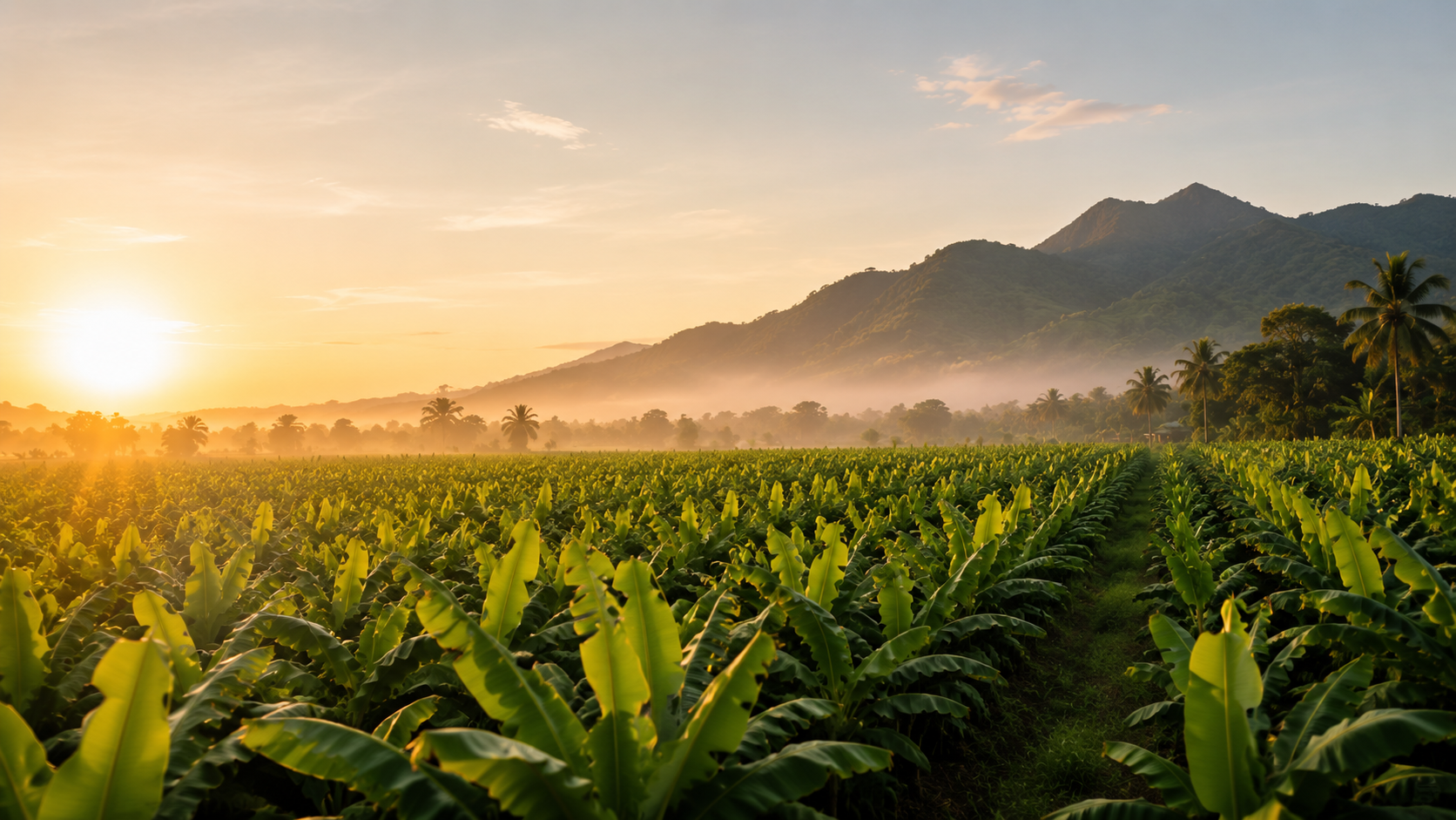 Sunrise over a wide banana plantation