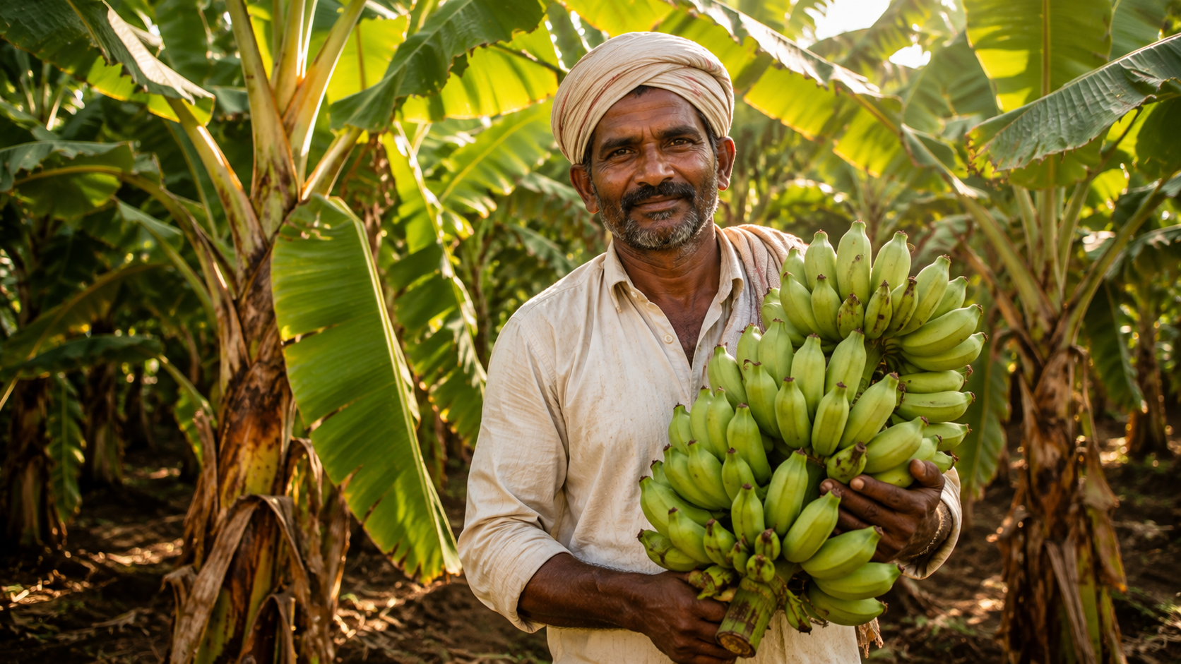 Indian banana farmer holding a fresh banana bunch