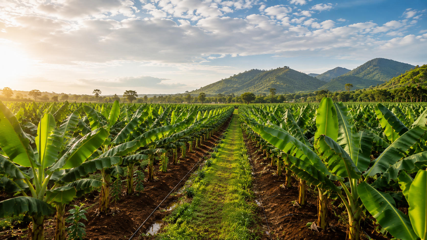 Tropical banana plantation with mountain views