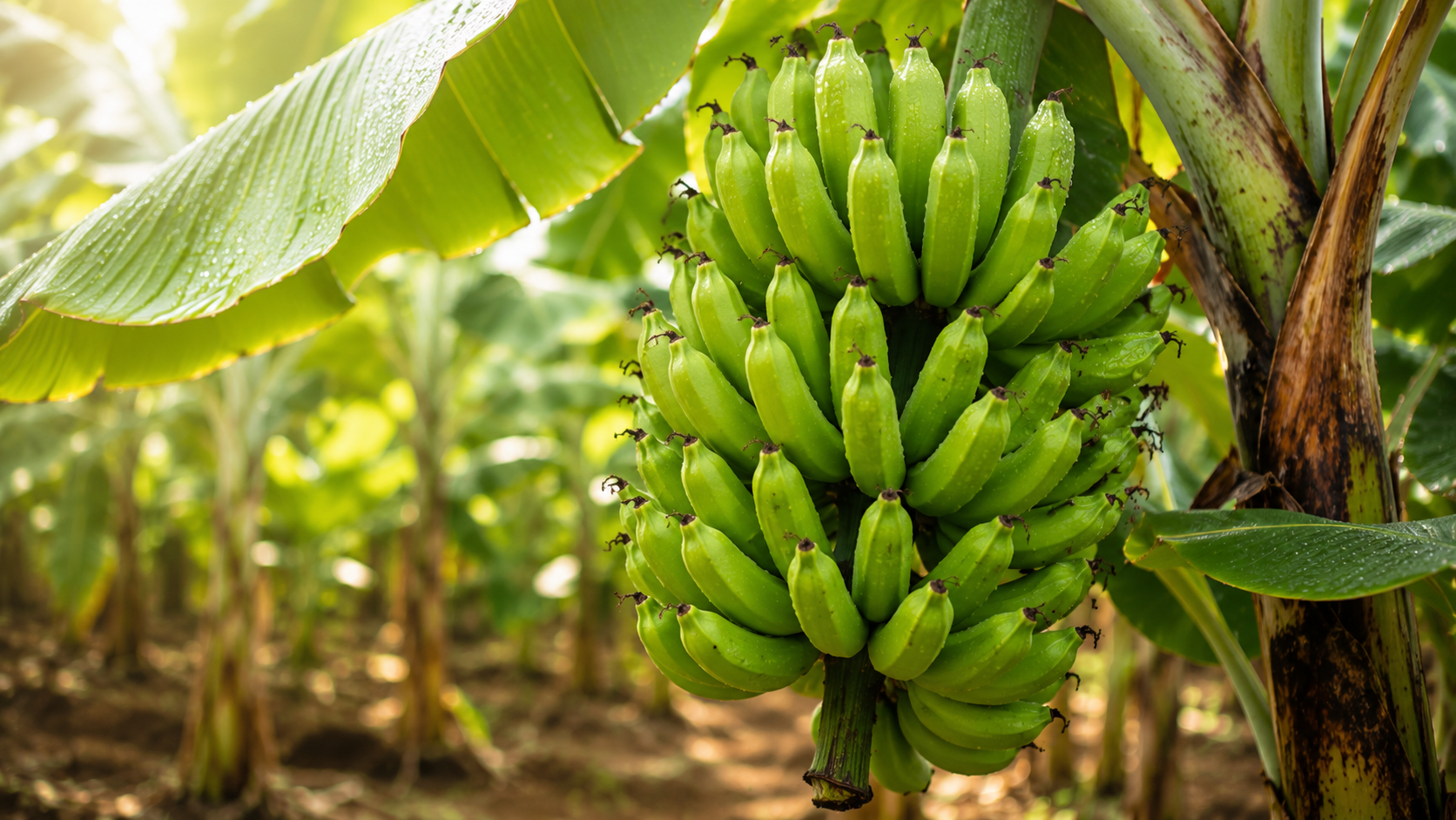 Fresh green banana bunch growing naturally