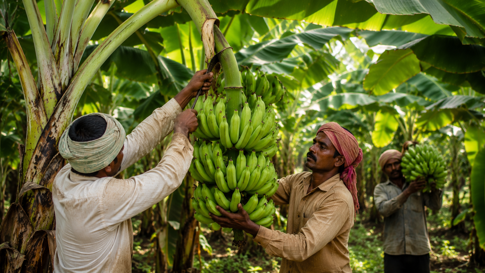 Indian farmers harvesting a banana bunch