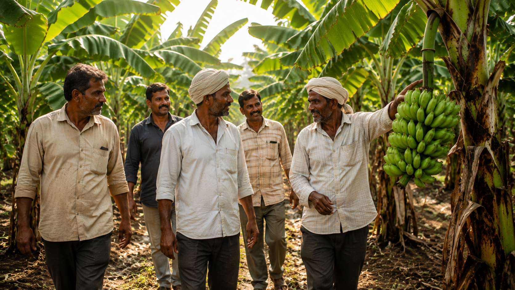 Indian farmers inspecting bananas in a plantation