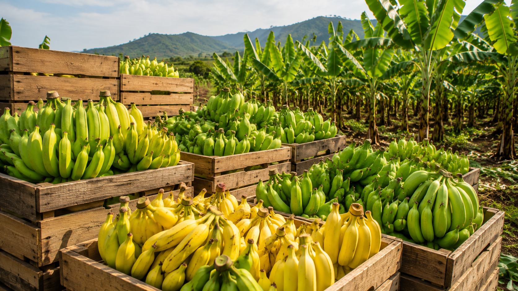 Wooden crates filled with fresh bananas