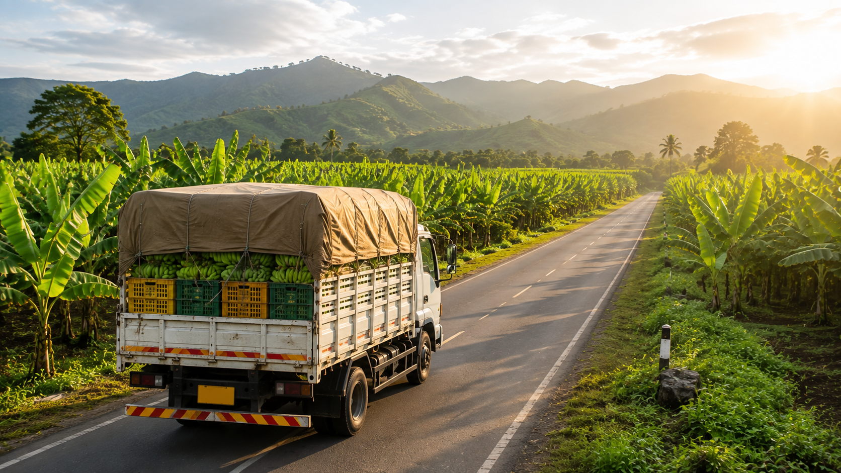 Indian cargo truck driving beside a banana plantation