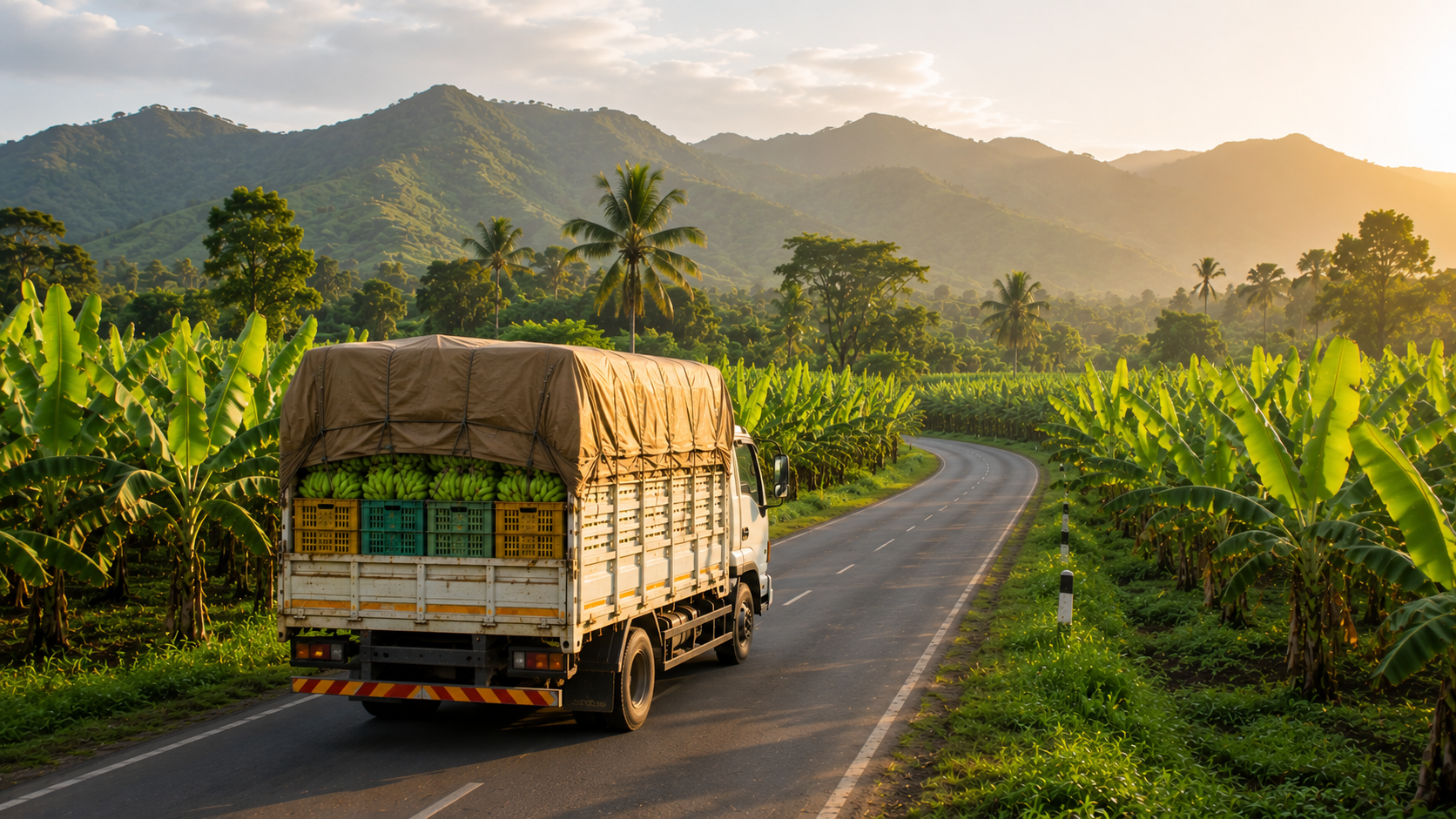 Highway transport truck driving through a tropical landscape