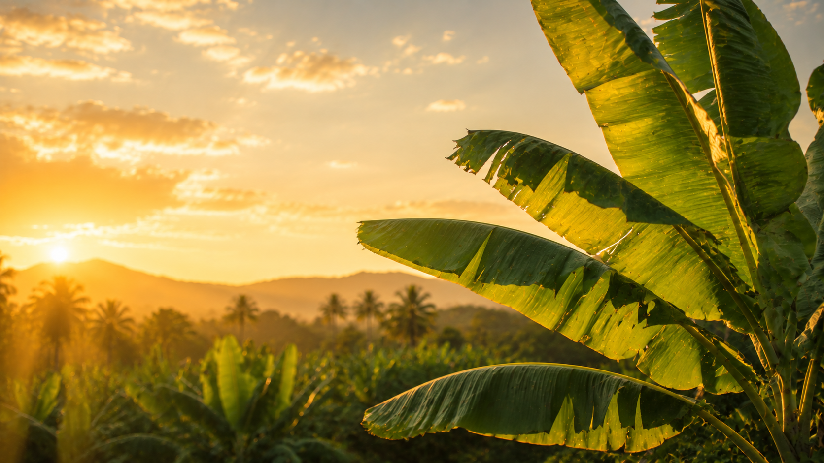Banana leaves glowing in golden evening light