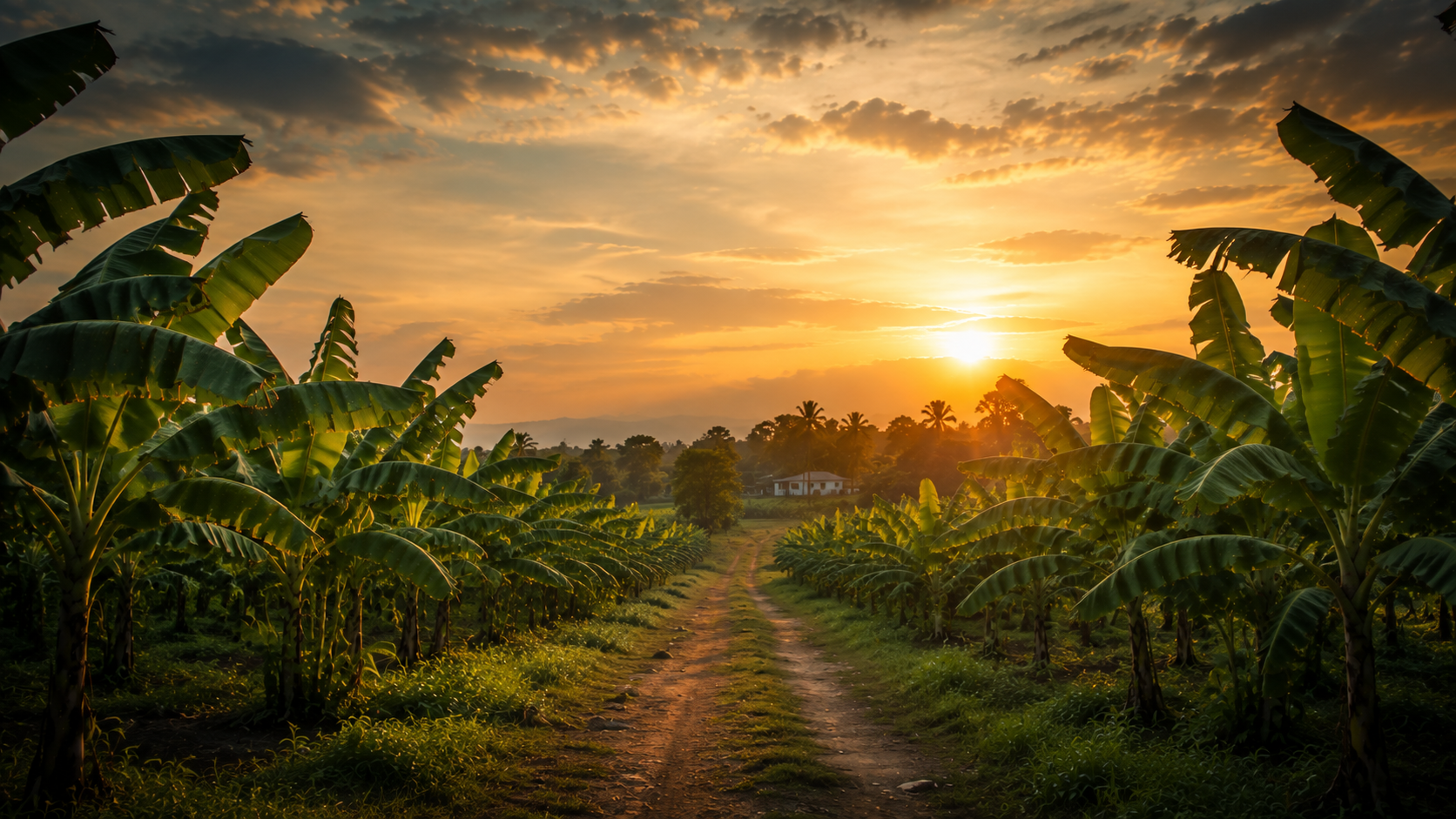 Sunset pathway through a banana plantation
